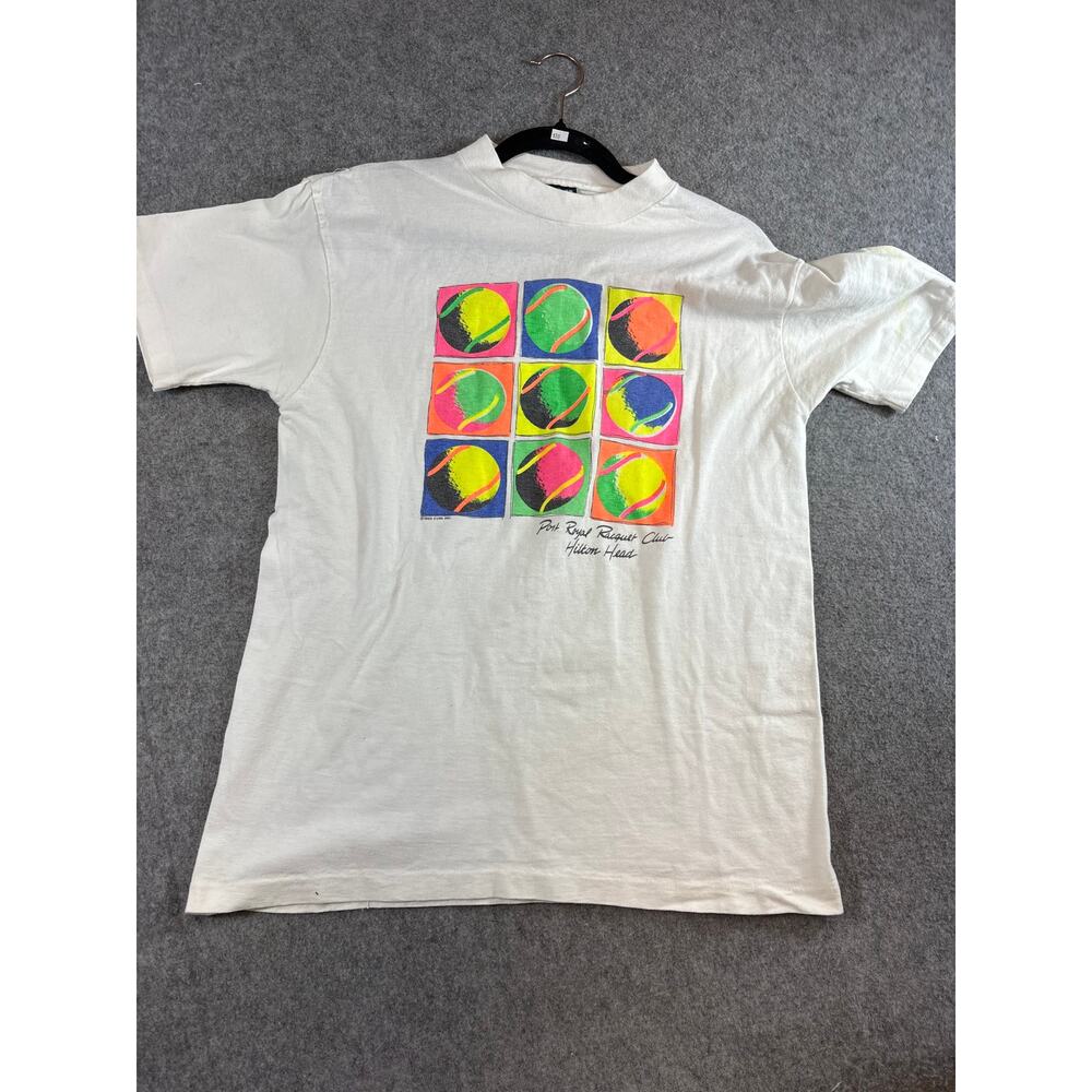 VTG 90s Tennis Neon Pop Art T Shirt Warhol White Pullover Graphic Tee USA Large